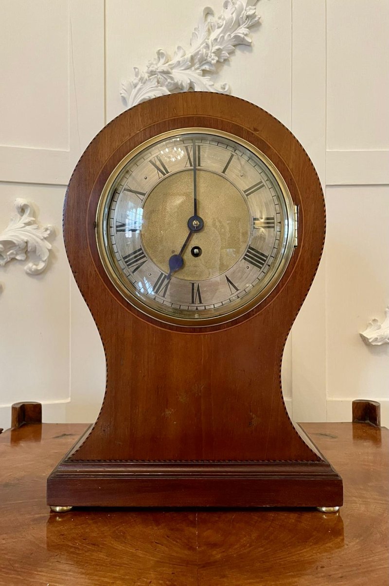 Large Antique Edwardian Inlaid Mahogany Balloon Shaped Mantel Clock